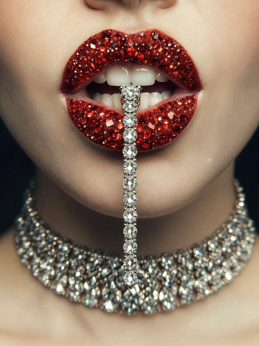 Extreme macro photorealistic close-up of a woman's mouth with full lips completely covered in sparkling red Swarovski crystals. White teeth visible, a long dangling diamond-encrusted chain hanging from the lips. She wears a thick multi-row diamond ch