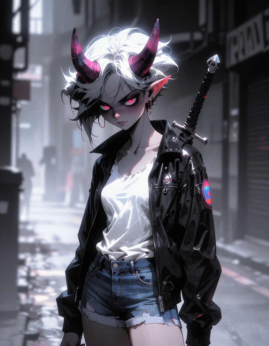 { "background": { "details": "blurred street, suggesting a cityscape", "setting": "urban environment" }, "character": { "appearance": { "eyes": { "color": "red", "expression": "intense and slightly intimidating" }, "hair": { "color": "white", "style"