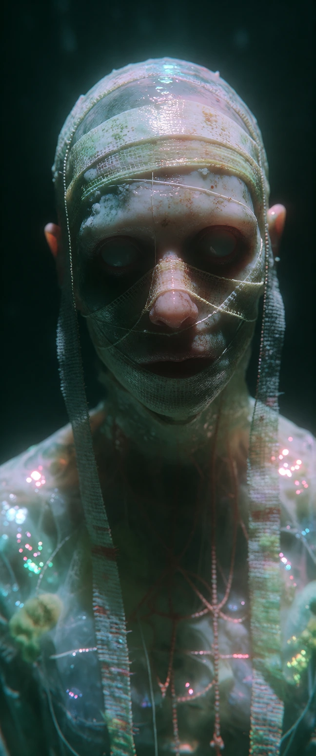 A semi-translucent, ethereal figure in a dark, surreal, dreamlike void. Details: - The figure has a hauntingly beautiful face wrapped in faint bandages that pulsate and glow. - Incorporate luminous, shimmering threads that symbolize both constraint a