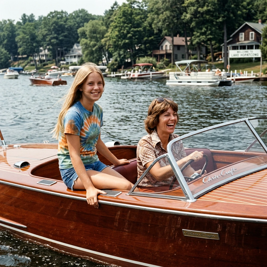 Teenager in the 1970s long straight blonde hair with her mom riding in Chriscraft on Lake Hopatcong, New Jersey