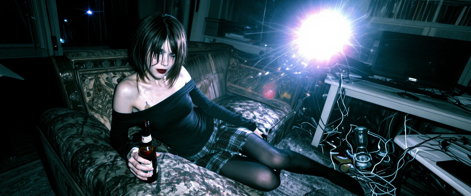 Amateur flash photography, raw snapshot aesthetic, slightly high-angle shot. A chaotic and edgy 20-year-old "scene" girl with choppy, layered, brunett
