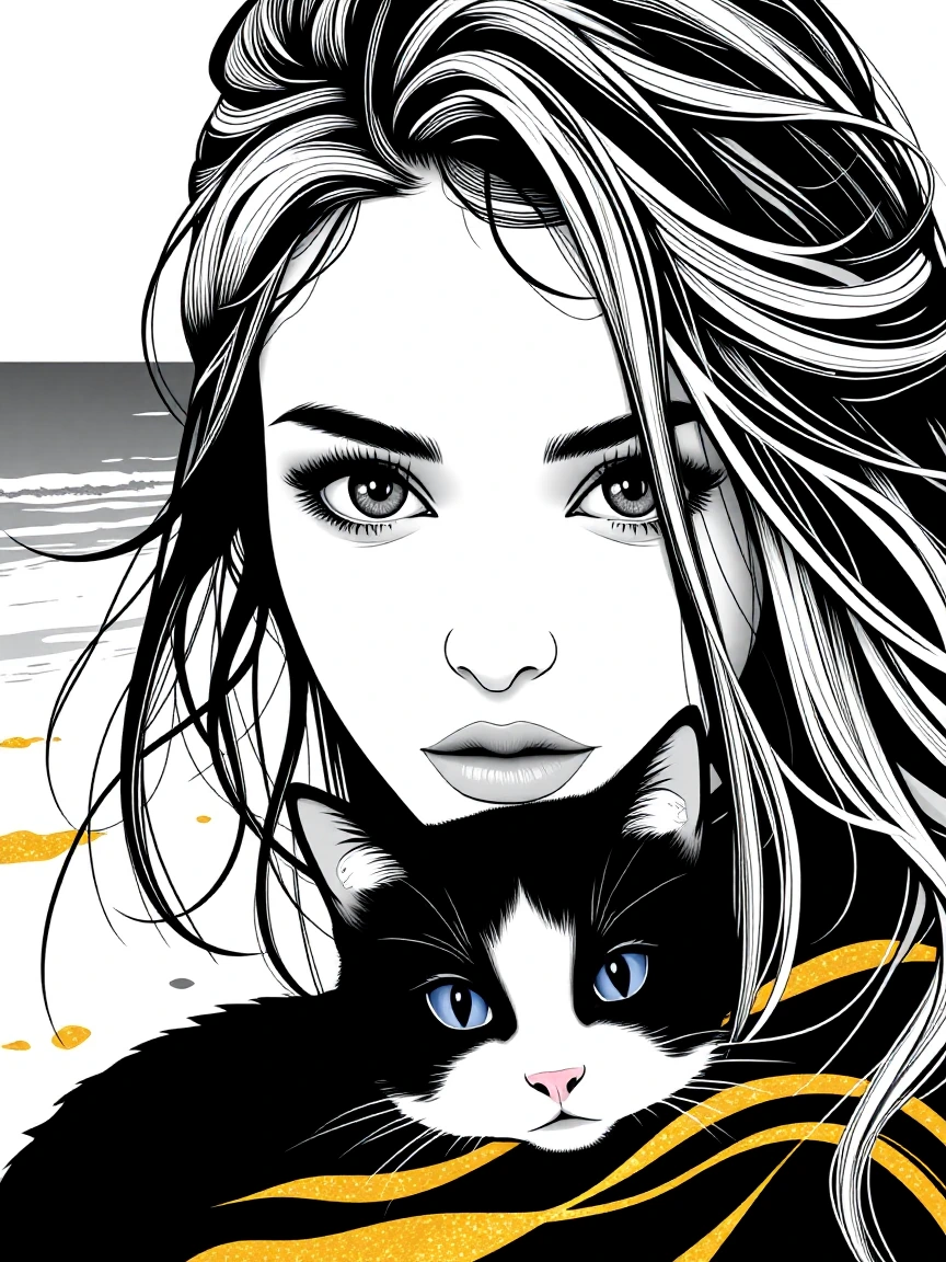 Beautiful woman lavender eyes with a cat at the beach in a stylized monochrome illustration, black-white-gray palette with soft shading, gold accents,