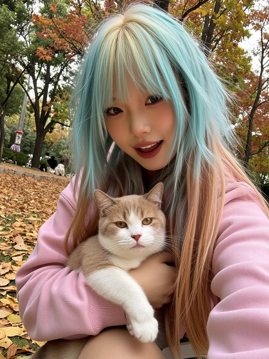 Weirdcore Woman pastel hair, taking a selfie with her cat in a park. Autumn leaves.