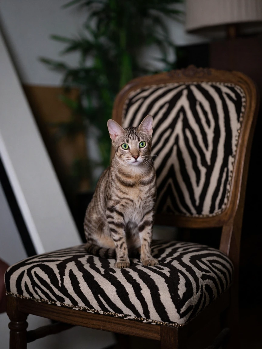 Amateur photograph of a cat with zebra stripes on a chair with zebra stripes. Fancy living room.