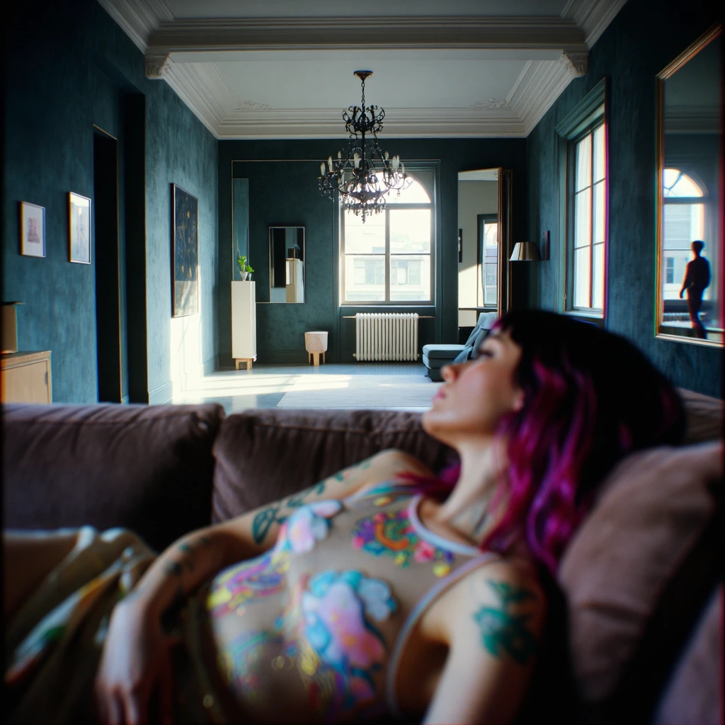 upper body closeup, A minimalist dream-apartment with powder blue velvet walls, a woman with orchid-dyed hair and pastel tattoos reclines on a soft ma
