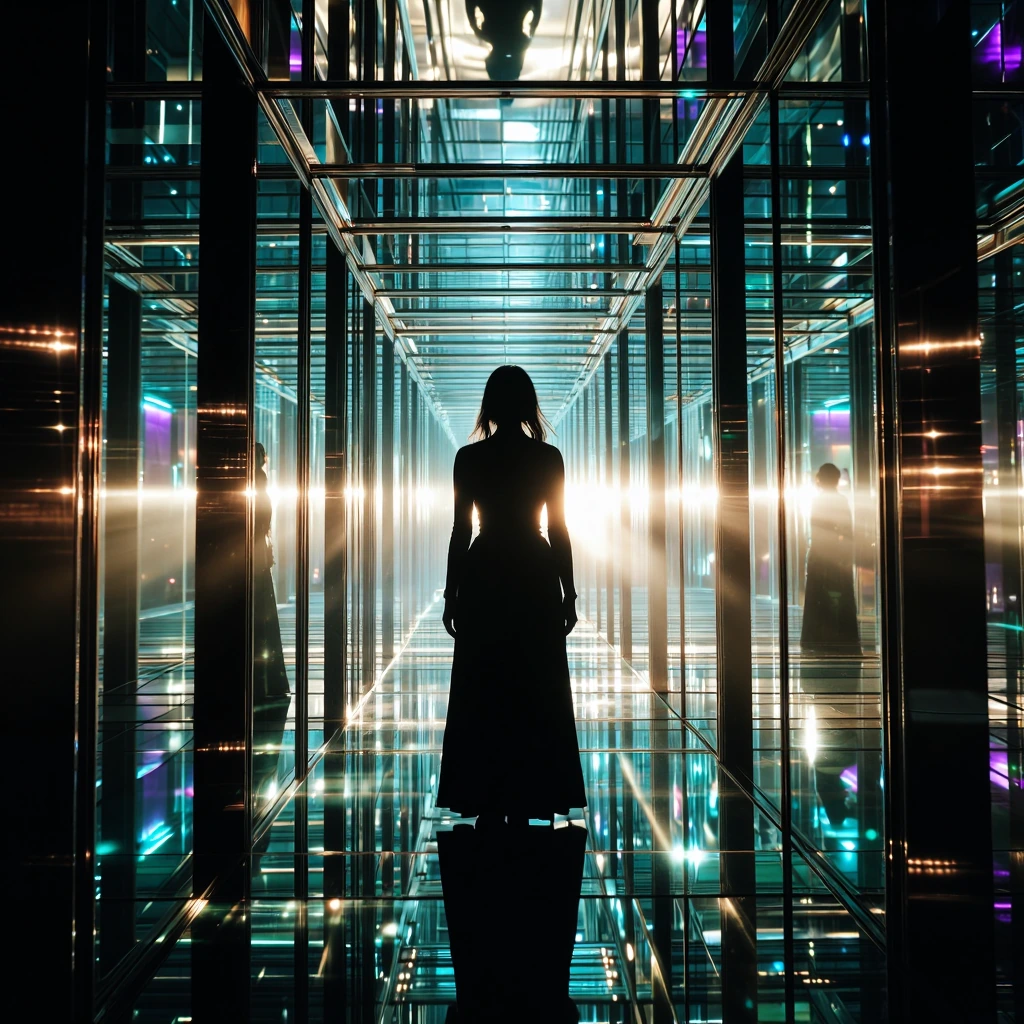 Specular figure of polished ebony silhouette, positioned within labyrinthine corridor of infinitely recursive mirror planes, aureate chrome and argent surfaces fragmenting reality across dimensional thresholds, iridescent holographic refractions casc