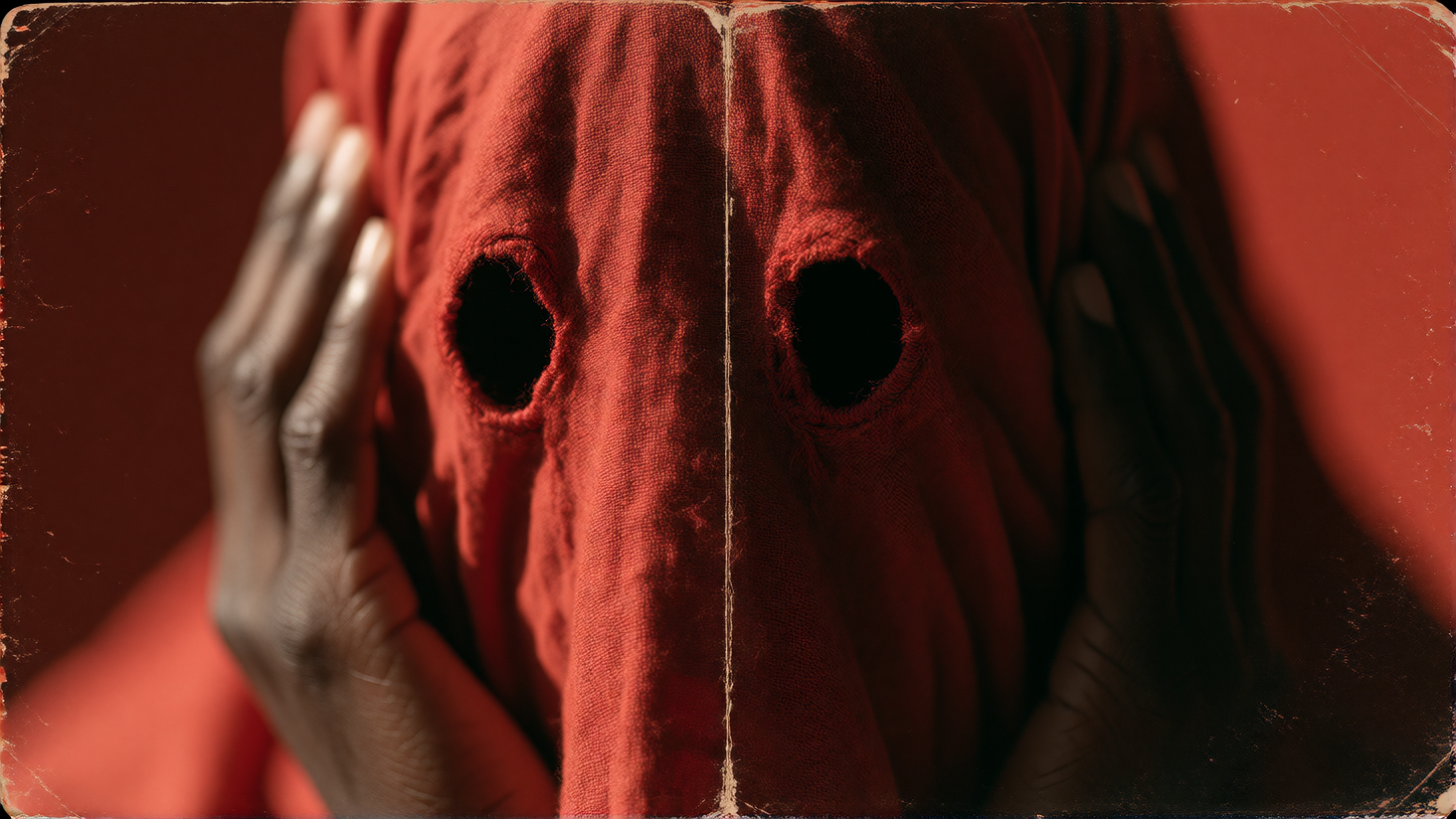 Extreme close-up album-cover portrait of an adult Black man wearing a deep vermilion-red bedsheet ghost costume, head and shoulders filling a cinemati