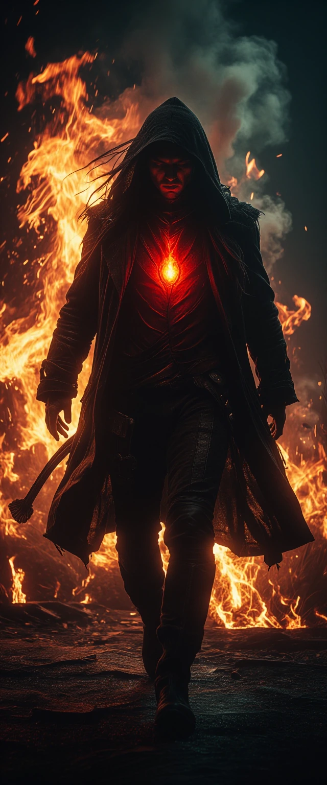 A hyper-detailed, dark fantasy portrait of a resilient, shadowy figure walking through a tempest of roaring, dynamic flames. The atmosphere is heavy and wrathful, with harsh, cinematic contrasts between deep shadows and blinding firelight. The enviro