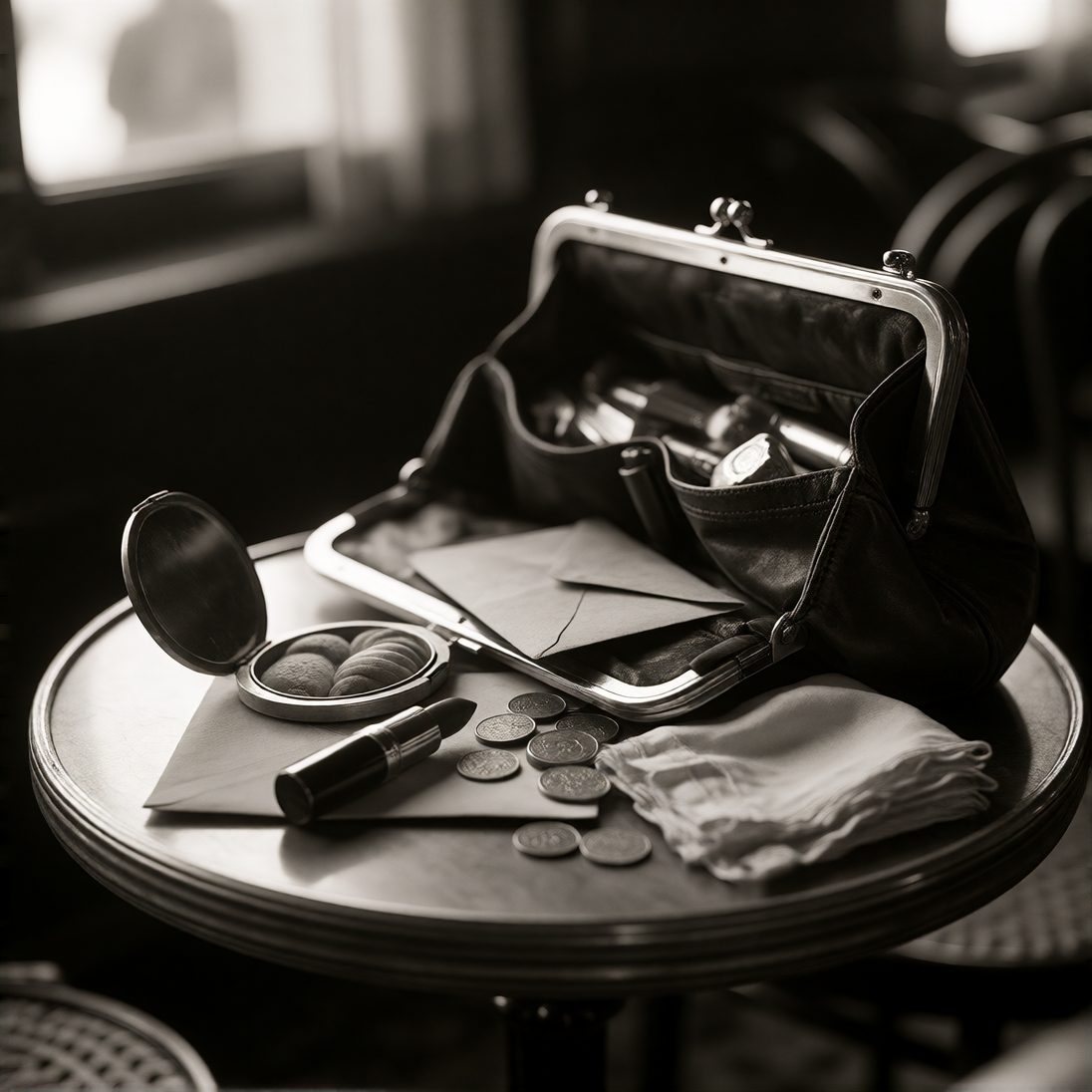 prague, 1928. a woman's handbag lies open on a café table, s…