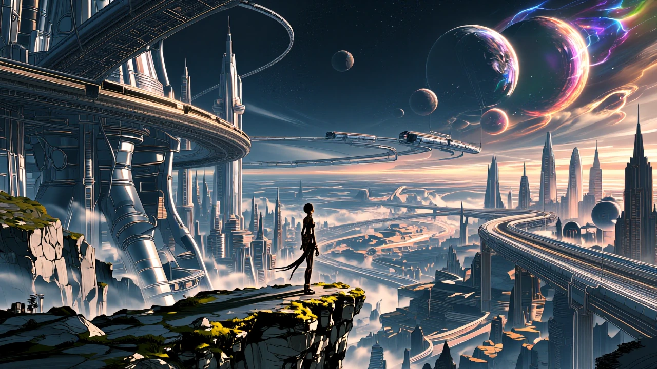 "futuristic alien city, futuristic metal alloy and glass architecture, aqueducts, magnetic-levitation trains, highways, single stunningly beautiful fe