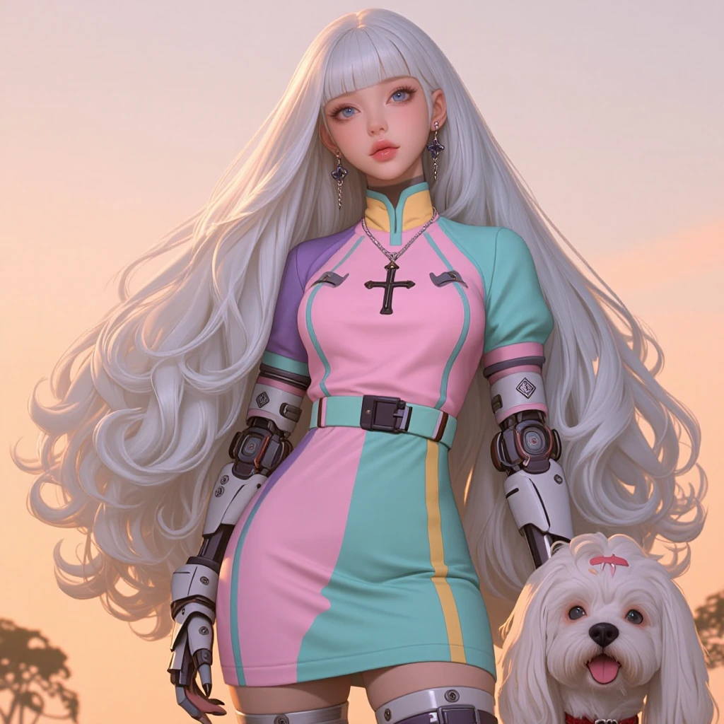 woman long flowing platinum ombre hair with her Maltese and a mech, wearing a lavender pink yellow seafoam green color block minidress, at sunrise, 3d