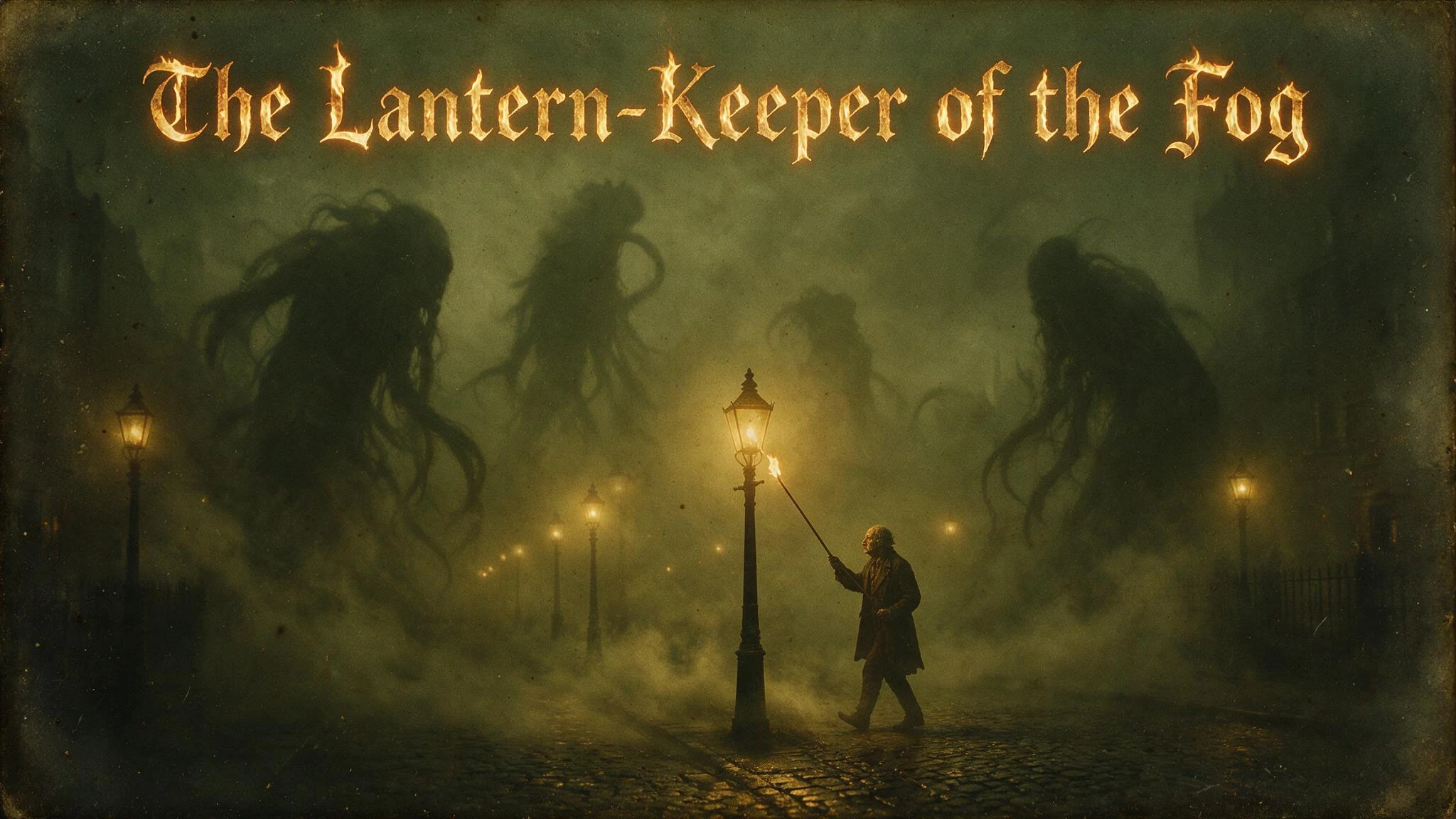 The lantern-keeper of the fog; An elderly lamplighter in tattered Victorian coat moving through thick yellow-green fog at dusk, using a long pole to ignite a row of ornate street lamps that cast pools of sickly amber light. In the gaps between lampli