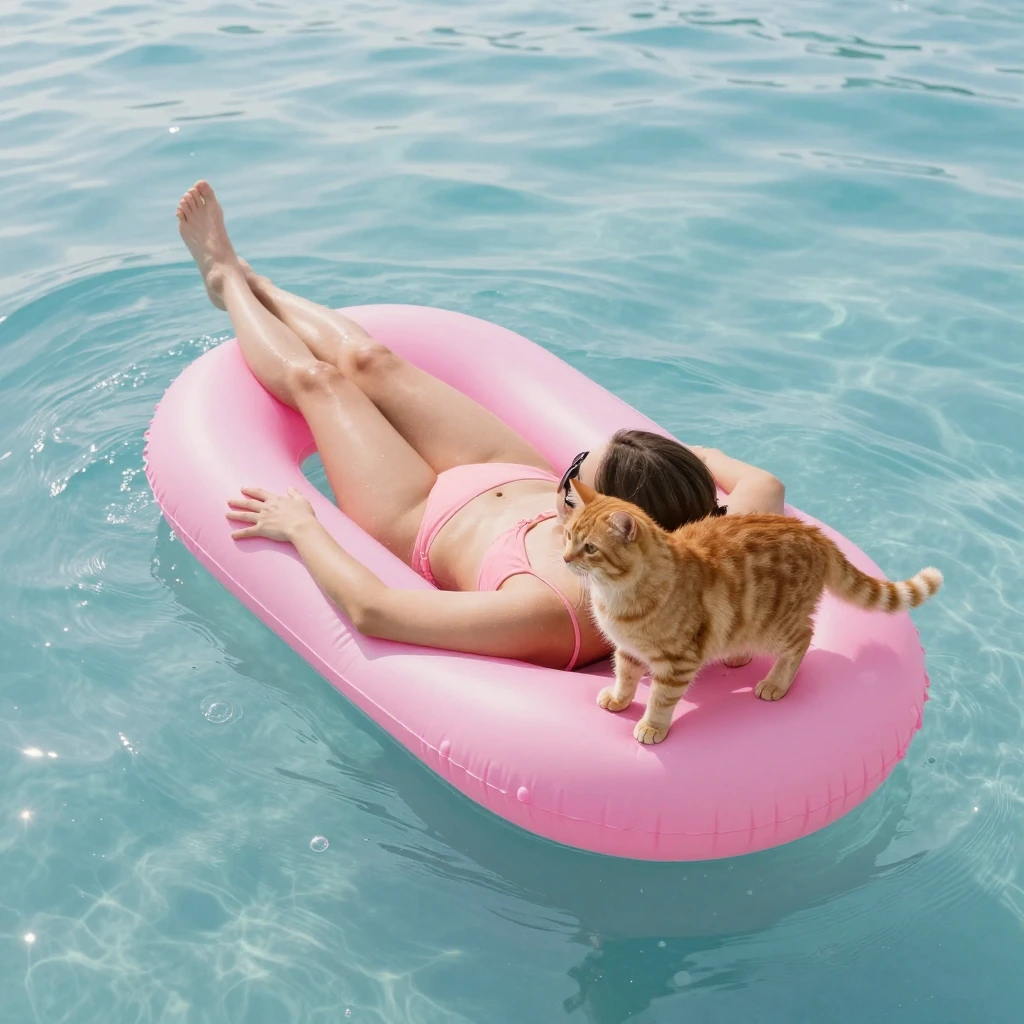 An overhead view of a woman floating on a pink inflatable in calm bubblegum-colored ocean waters, a ginger cat standing on the raft beside her, shot in soft, diffused midday light.