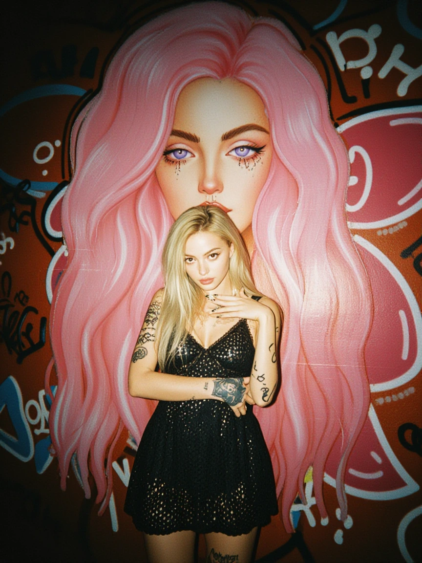Baddie with lavender eyes andgraffiti tattoos, graffiti wall, black, mini dress