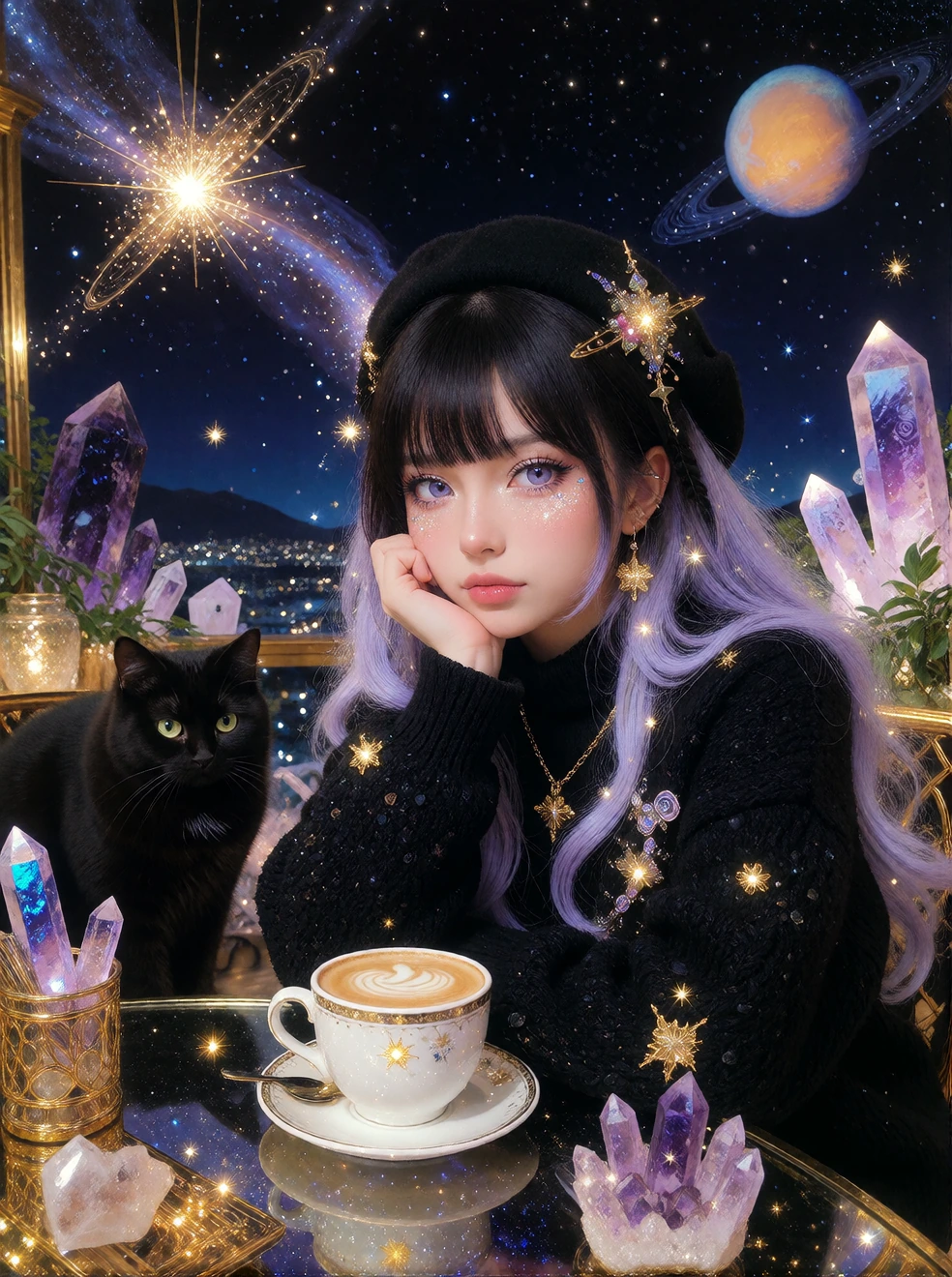 magical morning. stars, planets, crystals. woman lavender and black ombre hair, lavender sparkling eyes, with her cat at a magical crystal cafe.