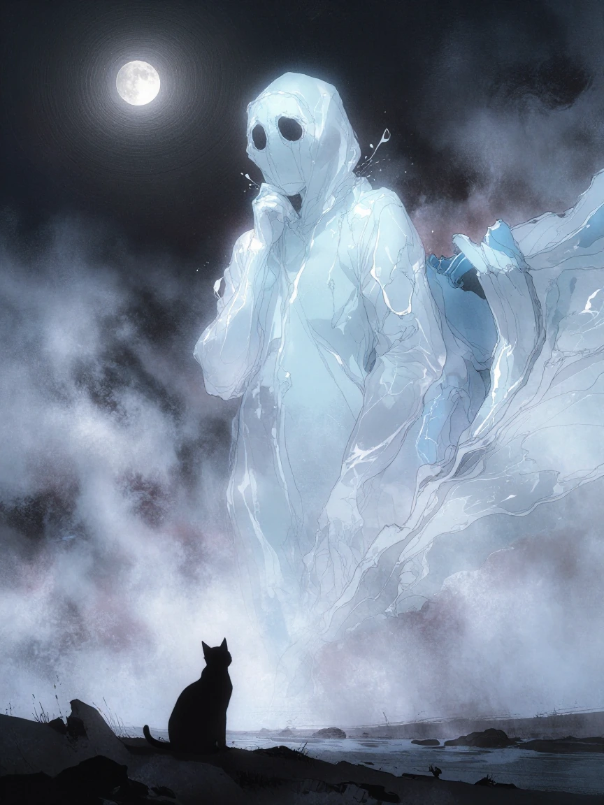 The ghost of a glacier — a translucent, spectral wall of pale blue ice dissolving into mist over a dark, still landscape. A small cat sits in the foreground, silhouetted, staring up at the vanishing behemoth. Cold moonlight, deep shadows, painterly t