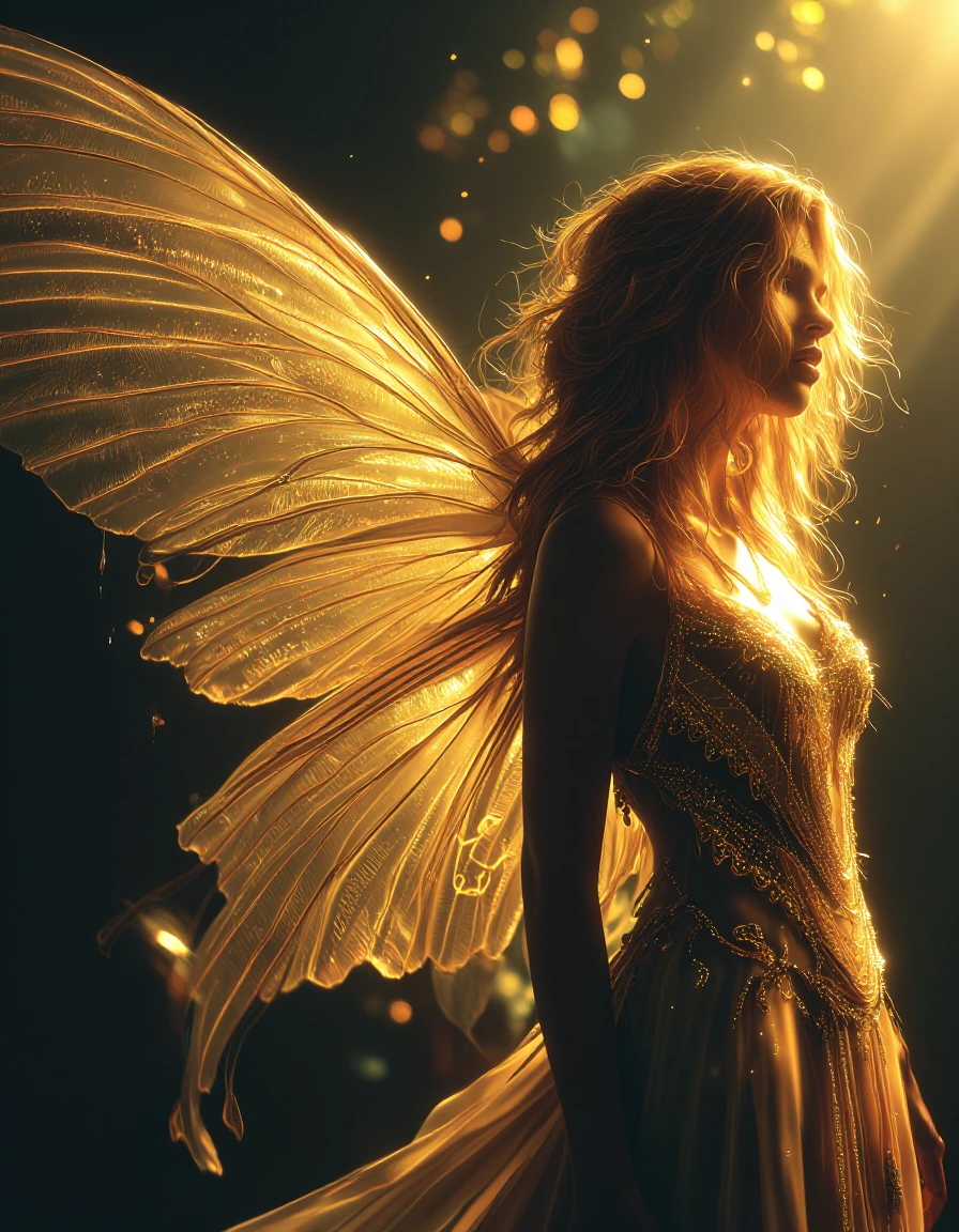 Fairy with delicate translucent wings shimmering with golden dust, wearing a flowing gown adorned with gold embroidery and beading. Wavy hair. She gazes with ethereal eyes. Soft bokeh background of glowing golden lights against deep dark forest ambia