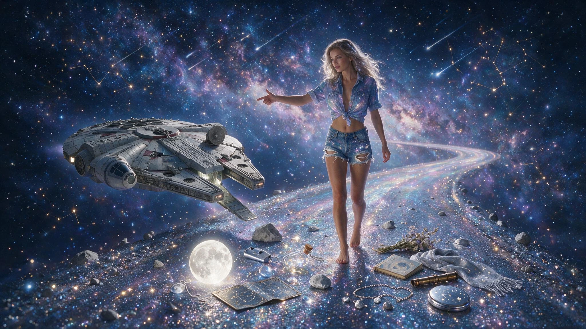 what the moon keeps in its pockets; Stunningly Beautiful Supermodel Female Andromorphic Moon walking on the Milkyway inter-Galactic Stardust Highway in ripped Daisy Duke Cosmic Coloured Jeans Shorts has left the contents of her pockets strewn on the