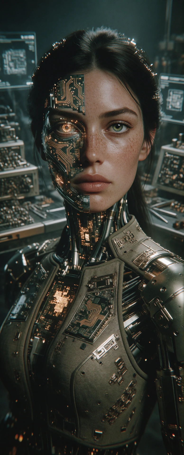 An ultra-long, narrow vertical portrait photograph (9:21 aspect ratio), captured with hyper-photorealism, focusing on a highly intricate female cyborg. The right side (her left) of her face features flawless, pore-level textured skin with natural fre