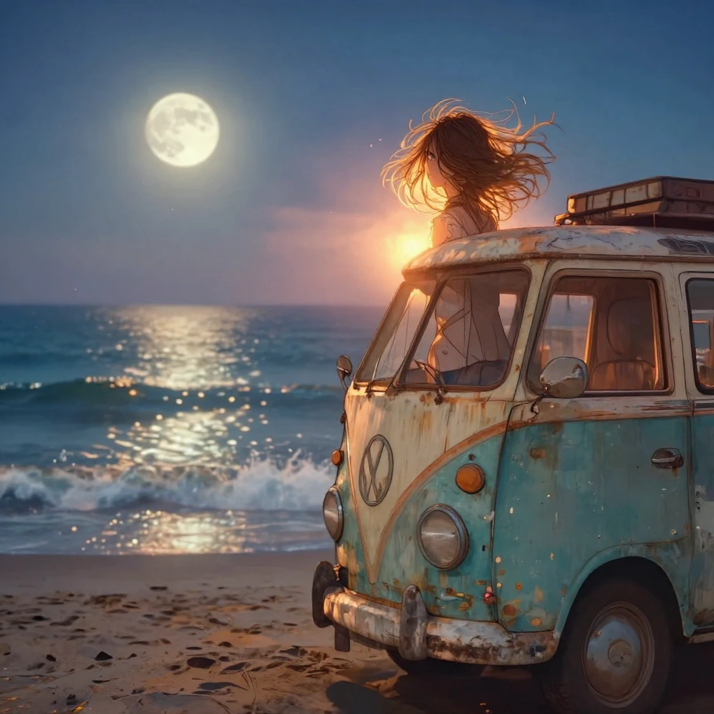 Girl seated on weathered VW bus rooftop at golden hour, backlit by warm sunset glow, ocean waves crashing below, dramatic moonrise visible in twilight