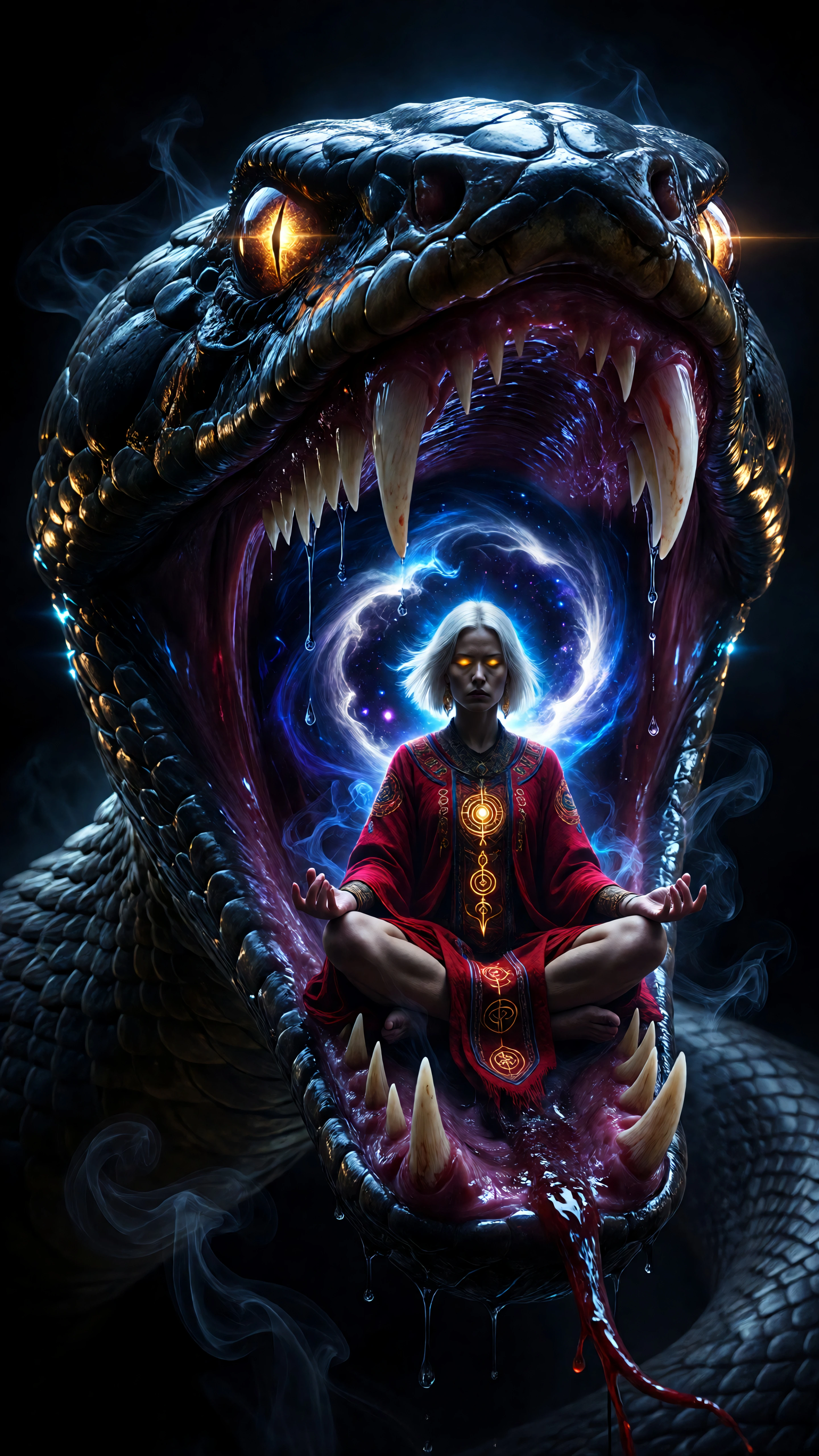Between the jaws of chaos, she found peace; a glimmer of ivory in a setting of blood and scales. For…