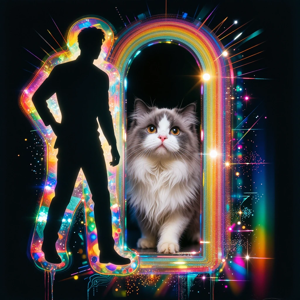 A slender doorman silhouette made entirely of cascading neon colors and geometric patterns holds open a shimmering rainbow portal, a fluffy gray and white cat with oversized eyes gazes upward in wonder, surreal whimsical artwork with psychedelic colo