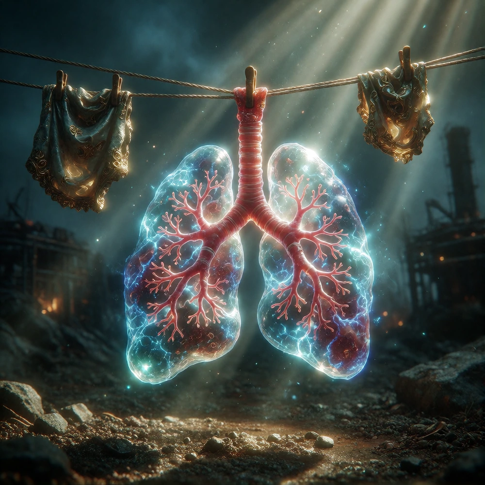 A surreal, hyper-realistic macro photograph of a single, frozen moment of chaos on a washing line in a desolate, foggy industrial wasteland. Instead of laundry, the object hanging is a massive, translucent human lung, pulsating with a faint, biolumin