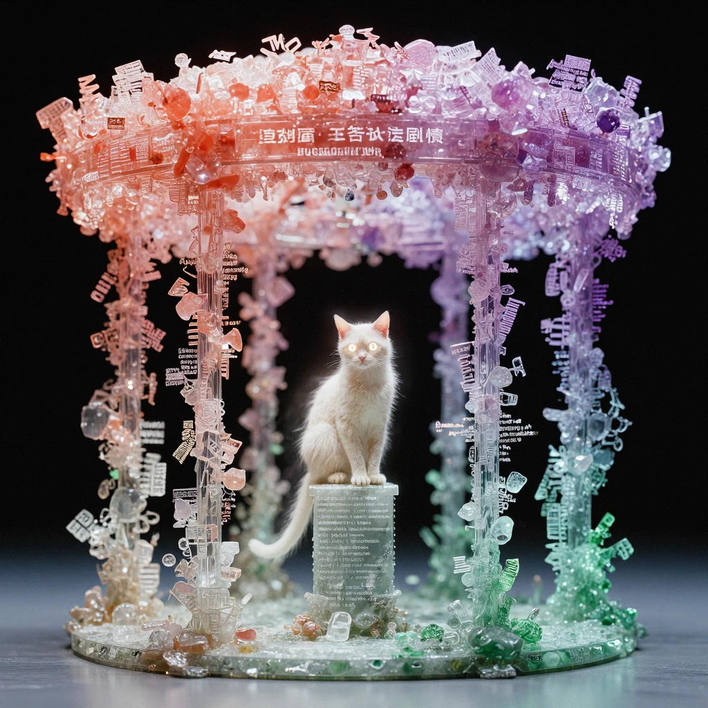 An ethereal auction pavilion made of crystallized words in gradient hues of coral to violet to emerald, the auctioneer's form flickering between human and abstract shapes of pure color, a mystical cream-colored cat with eyes glowing like small moons 
