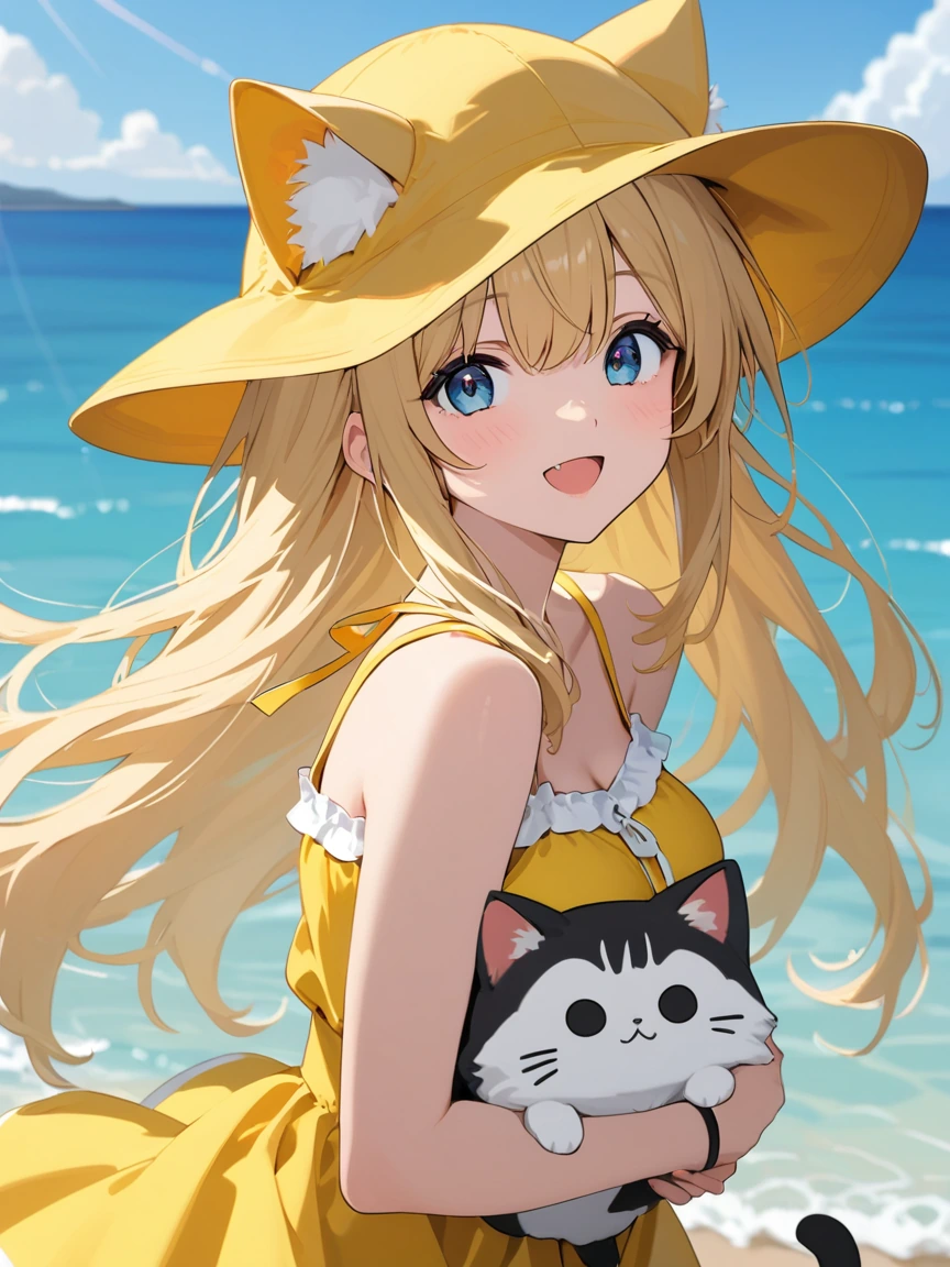 Woman blue eyes in large yellow floppy hat, with cat, sunny day, yellow minidress sundress, ocean