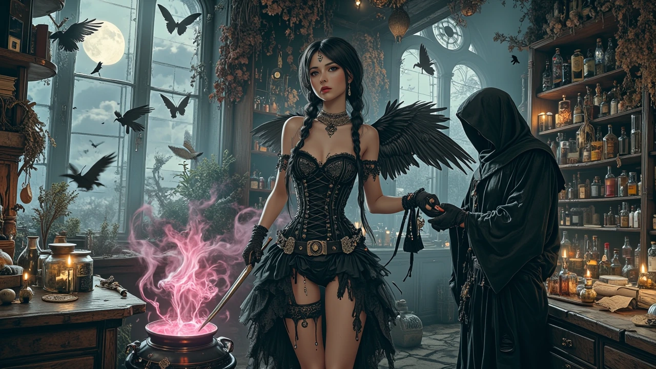 In the heart of a forgotten village, beneath a midnight moon veiled by drifting storm clouds, stands a shadowy apothecary steeped in mystery and forbidden magic. At its center is an enchanting brunette woman with long pigtail braids, her dark hair wo