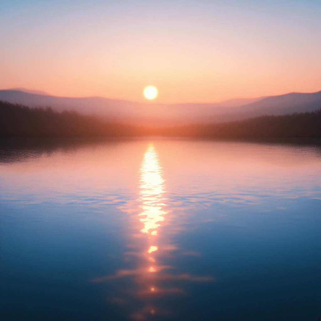 A solitary figure standing at the edge of a pristine lake during golden hour, their elongated shadow stretching impossibly long across the water's sur