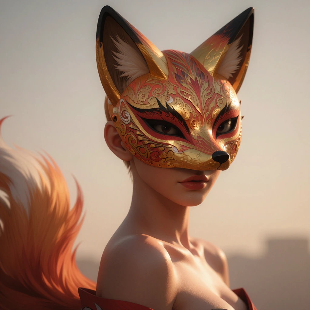a woman in hyperrealistic anime style with fox ears and a flowing tail, wearing an ornate fox oni mask across her eyes—carved wood with crimson and gold lacquer, sharp angles. she's posed in golden hour light, warm and sensual, silhouette confident,