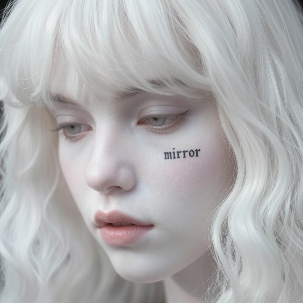 extreme close-up portrait of an albino woman's face filling the entire frame, completely monochromatic white palette, pale luminous skin, straight sleek hair with flat blunt bangs framing the face, pale eyes, the word "mirror" tattooed in black ink o
