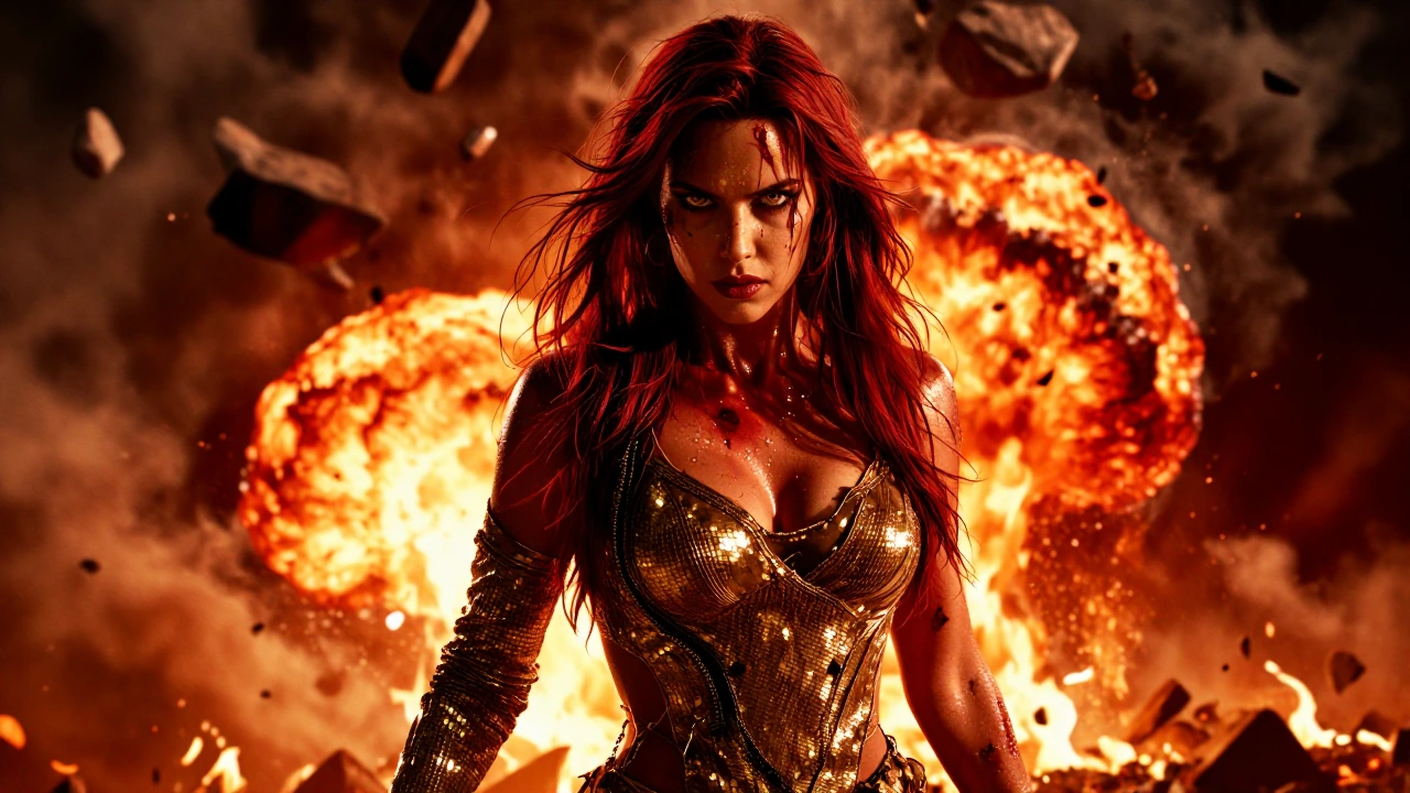 Action hero with long red hair, torn gold sequined gown, ash-covered skin glowing red with sweat, sharp eyes amid smudged makeup, standing before massive orange-red explosion with scattered debris, dramatic firelight, intense and cinematic
