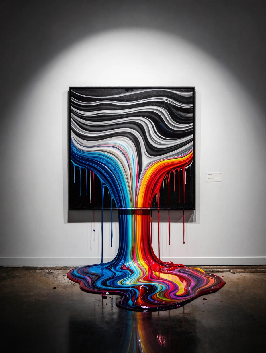 Full-color photograph of a minimalist gallery interior. Selective color: the painting inside the frame is mostly monochrome while the liquid flowing f