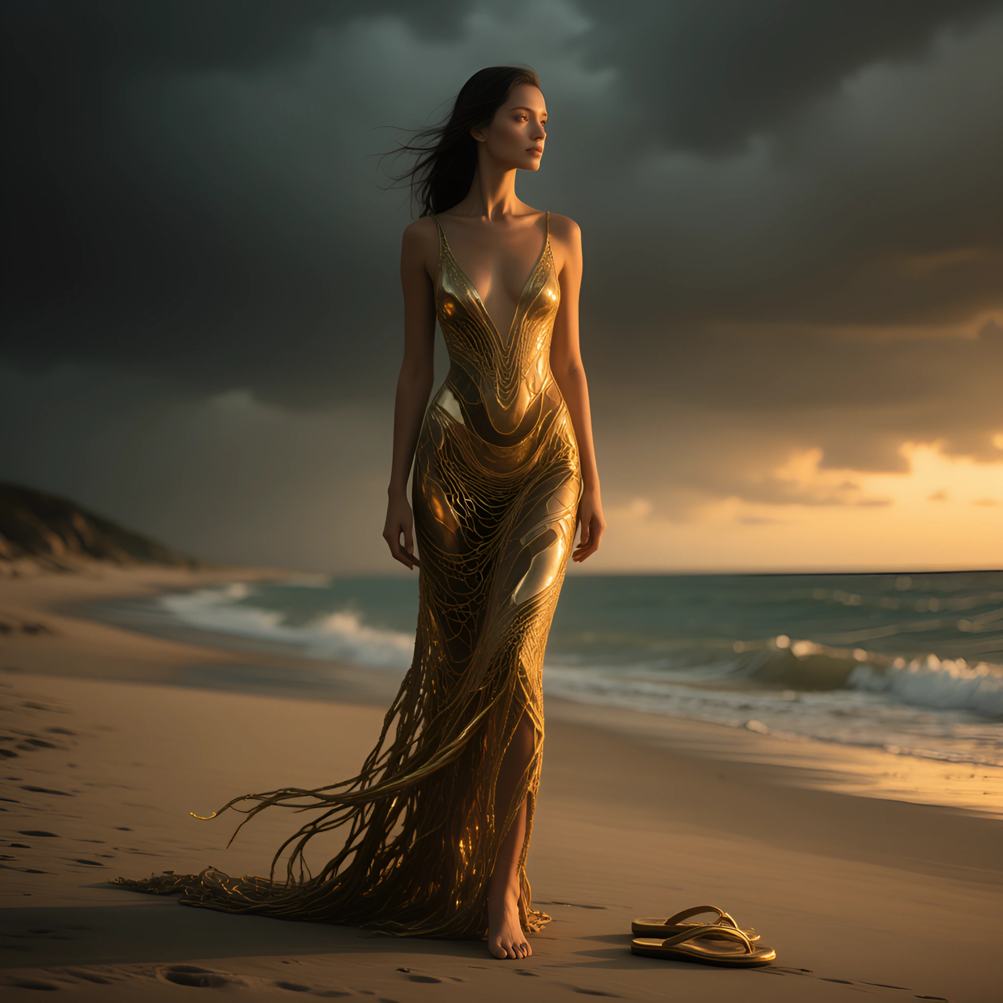 When the prompt "Golden sunset Metallic openwork crochet maxi dress + Gold flip-flops. Deserted beach at golden hour" inspires me to create something strange, dark and dreamlike in the dramatic style of #Fellini