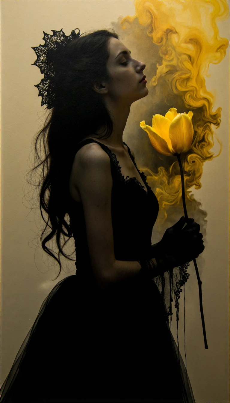 Art purifies our souls from the dust of everyday life… and it is from this idea that we create a striking, expressive and sombre image, in the spirit of #Edgard Poe "tulipe empress" . A dark gothic victorian woman and a yellow impress --- Strange. Dr