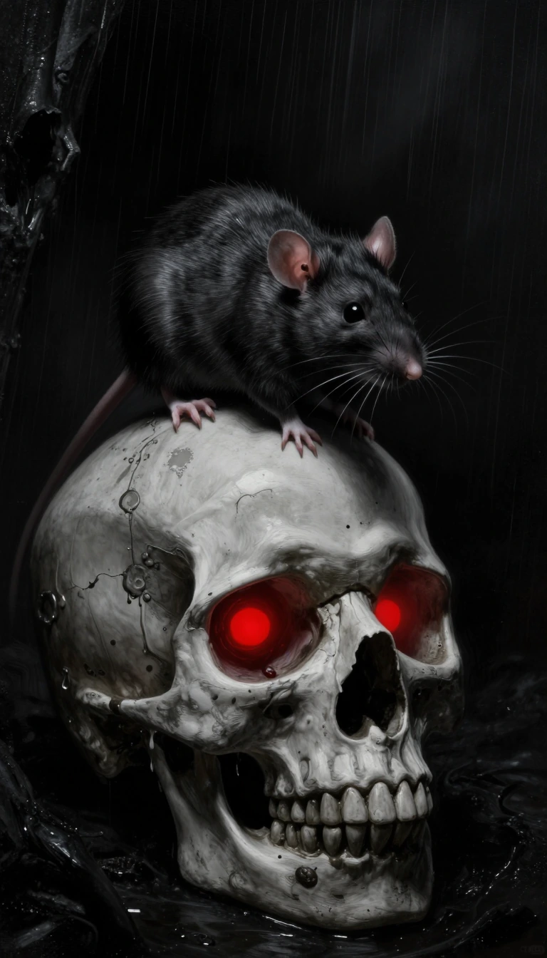 A hyper-realistic cinematic shot of a small black rat perched on top of a weathered, ancient human skull. The scene is set in a dark, damp underground