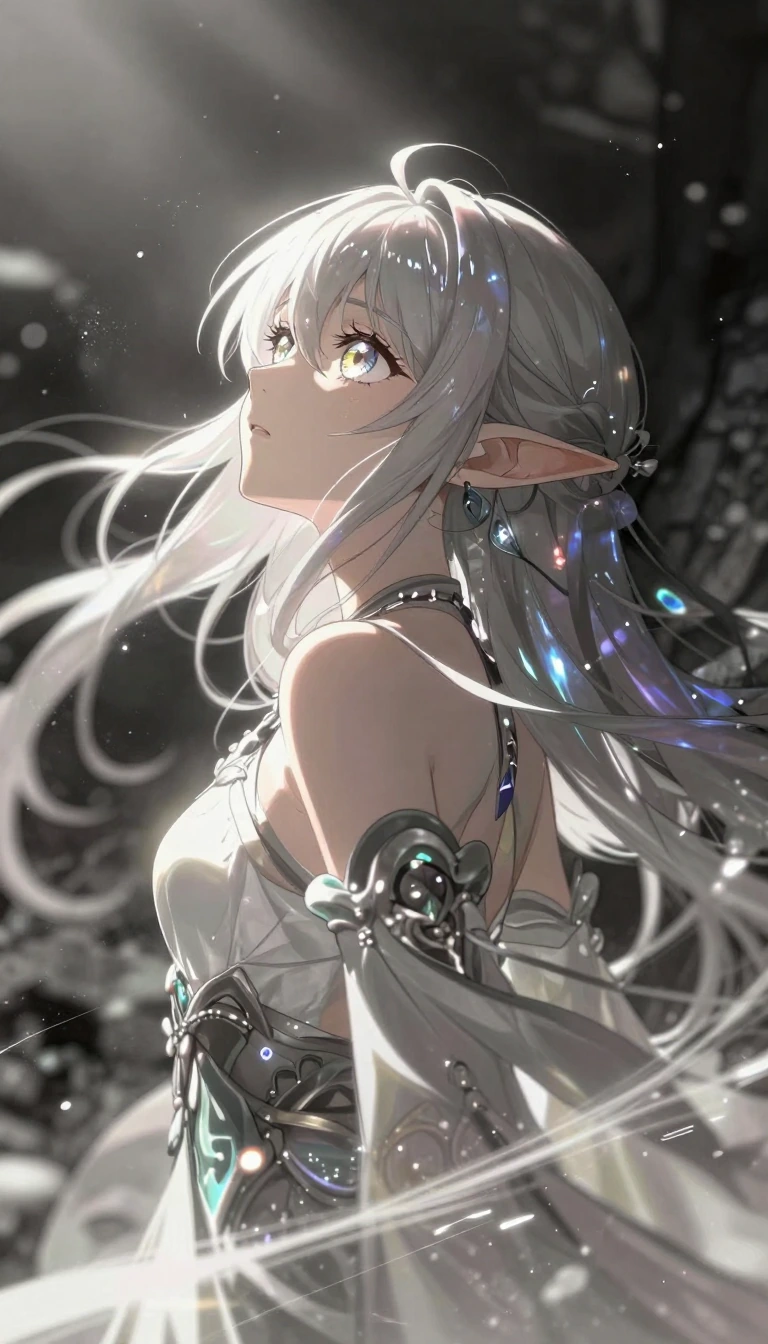 ethereal young female elf, low angle shot from below, side profile, anime aesthetic, Makoto Shinkai lighting style, soft volumetric light shafts filte