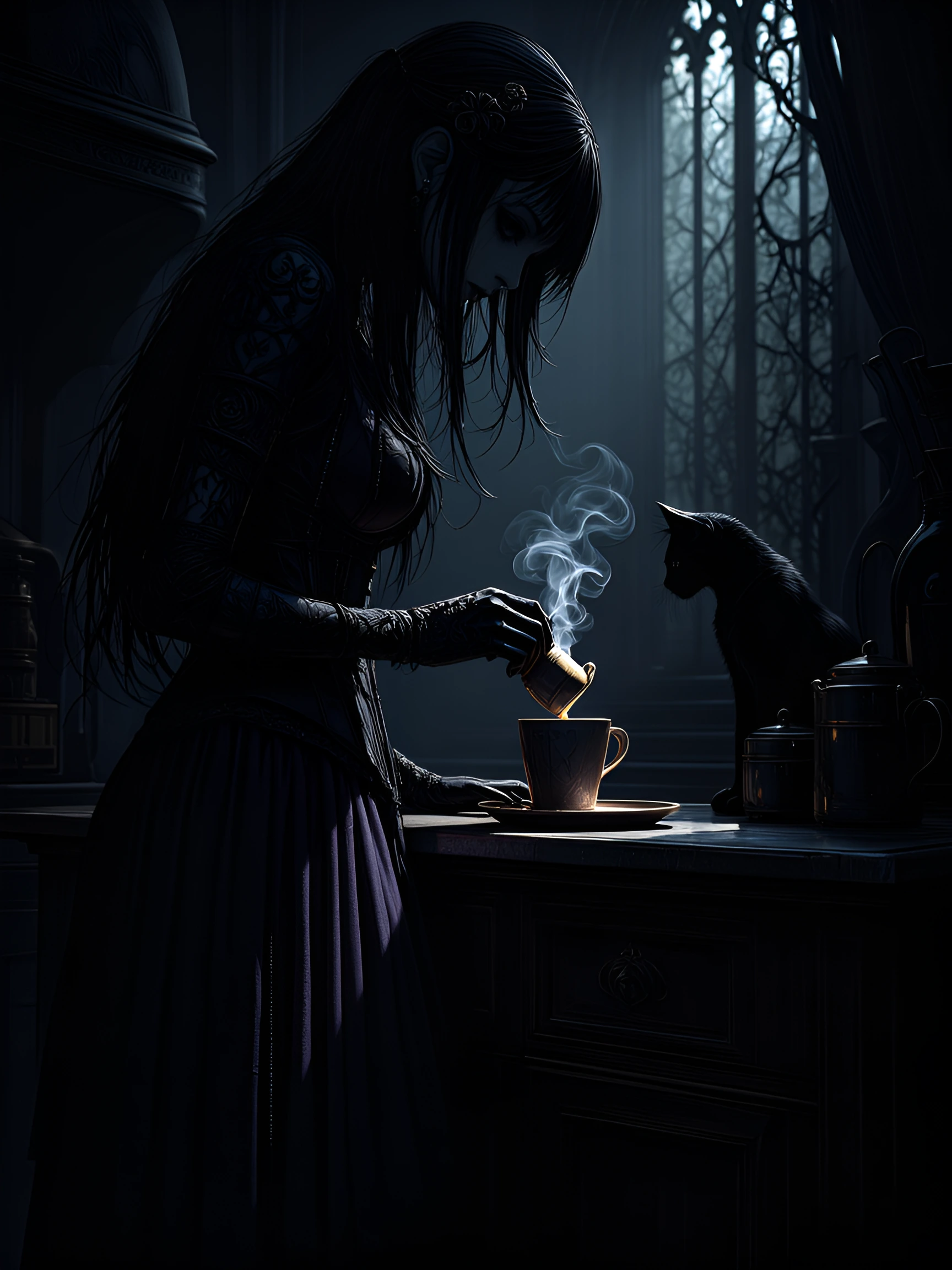 A girl in a dark kitchen making coffee, emo and goth aesthetic. Dark moody color palette with blacks, deep purples, charcoal grays. Cinematic lighting with dramatic shadows and low-key mood. She wears dark emo-style clothing. A black cat sits on the