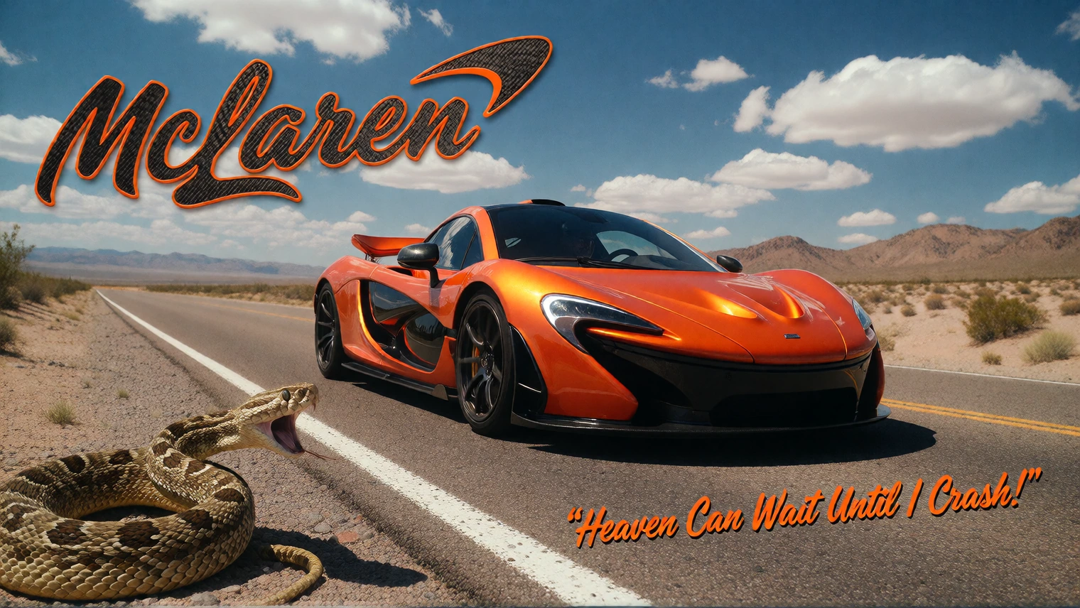 McLaren P1 Hyper-Car Roaring through the desert highway, sky-lined against a heavenly blue sky. A coiled Rattlesnake watches from the roadside. Top Left Title "McLaren" written in papaya coloured carbon-fibre effect text. Bottom Right Quote "Heaven C