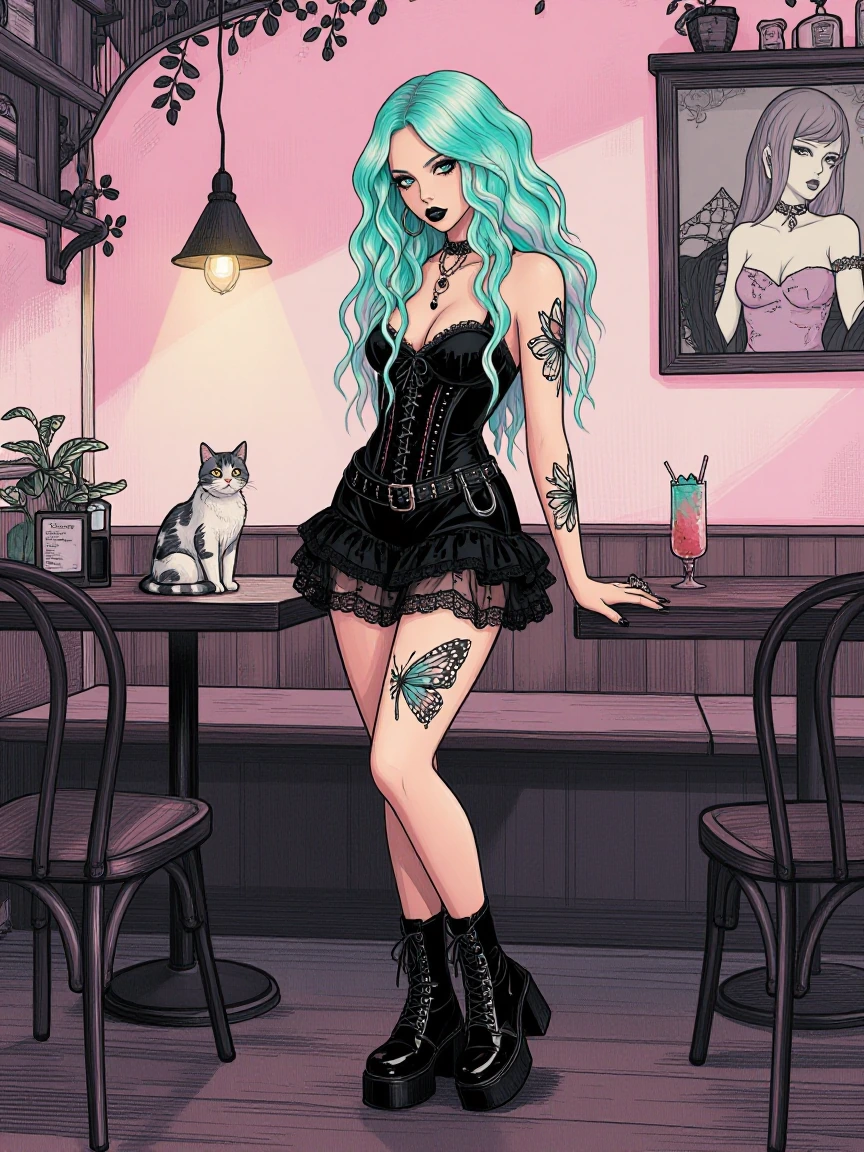 beautiful goth woman at a cafe, with a cat, butterfly tattoo, pastel aqua ombrΓ© hair, full body, beautiful pastel background, luminism, ink illustration, artsy