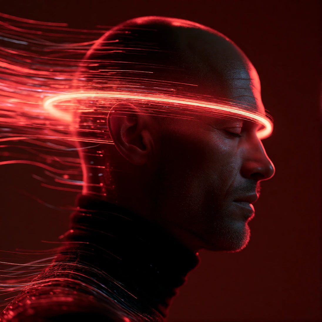 Bald man in his 50s shown in side-profile, with subtle stubble against a deep crimson background. He wears a red glowing hoop that encircles his head at temple level, rendered with a heavy horizontal motion-blur that creates light streaks trailing be