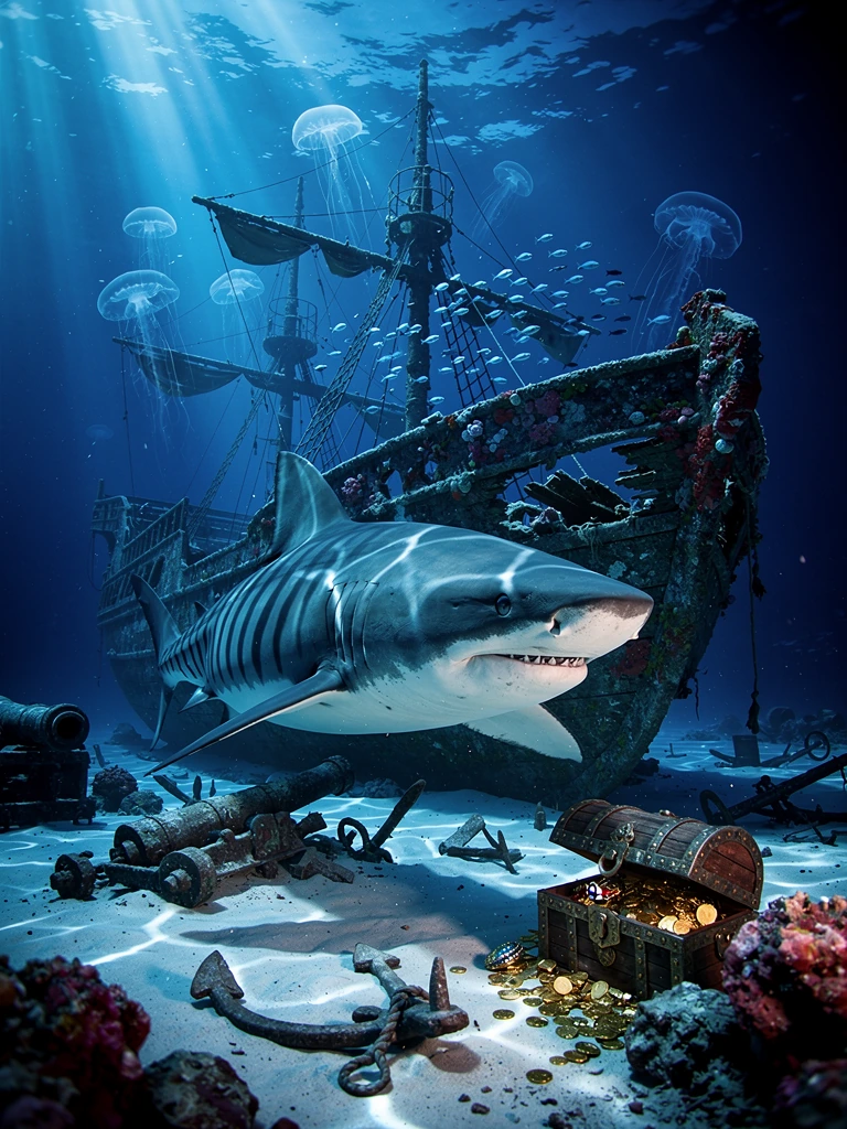 A magnificent, scientifically accurate tiger shark dominates the foreground as the silent guardian of an ancient shipwreck, while the treasure remains a subtle secondary detail partially hidden among coral and sand. with unmistakable dark vertical ti