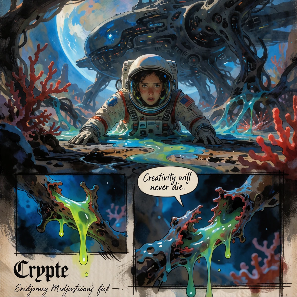 A panel from a dark and gritty science-fiction graphic novel, in Enki Bilal’s characteristic artistic style, created using bold brushstrokes, charcoal lines and watercolour textures. The composition depicts a female astronaut wearing a heavy spacesui
