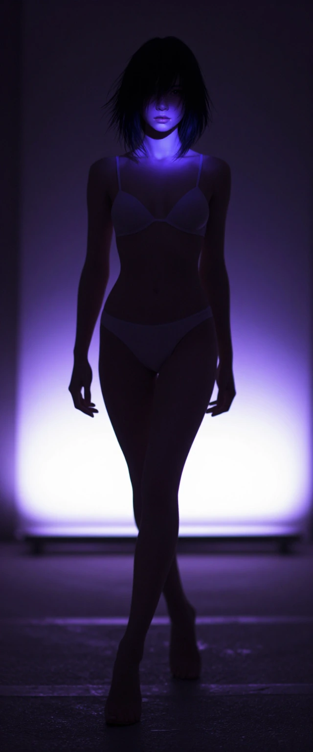A hyper-detailed, cinematic masterwork of a striking human model standing gracefully in absolute pitch darkness, illuminated exclusively by intense, high-output ultraviolet lights.
