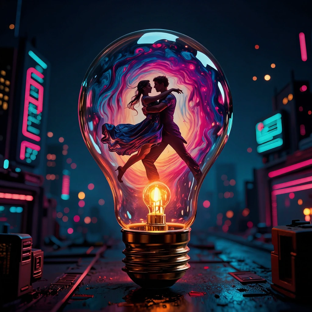 Couple dancing dynamically inside glass lightbulb, dark-haired man lifting blonde woman in blue dress, cosmic nebula background with swirling indigo a