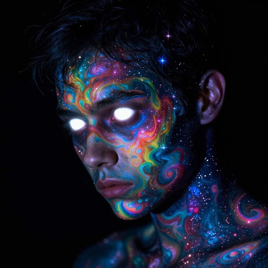deviantart, masterpiece, best quality, score_7, newest, highres, safe, 1person, male focus, abstract art, surrealism, concept art, digital painting. A close-up portrait of an androgynous figure in a 3/4 profile looking downwards. Their entire skin, f