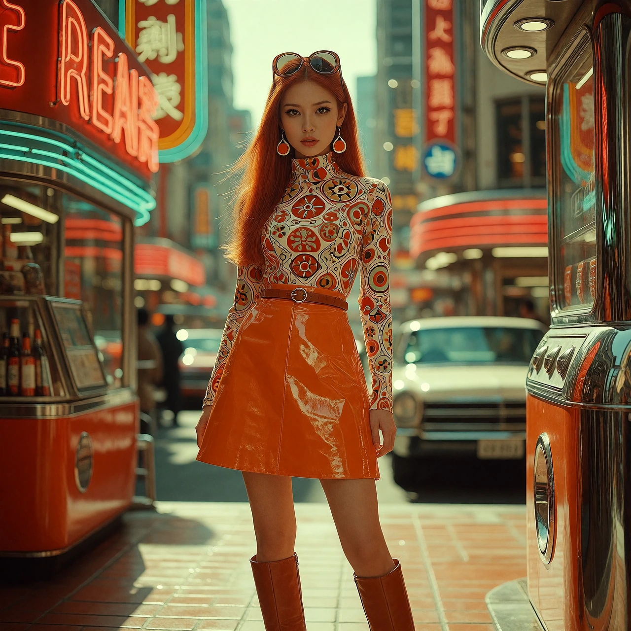 A hyperrealistic Japanese woman with long, straight red hair stands confidently, looking directly into the camera. Her entire body is visible from head to toe, with natural realistic proportions, anatomically accurate features, balanced perspective,
