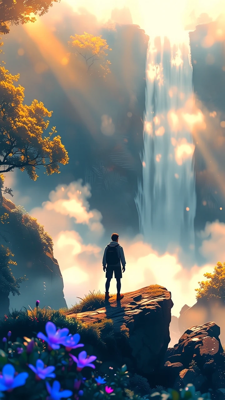 Cinematic anime landscape in vertical composition: a lone traveler silhouetted on a rocky outcrop gazes at a massive waterfall plunging into mist-shro